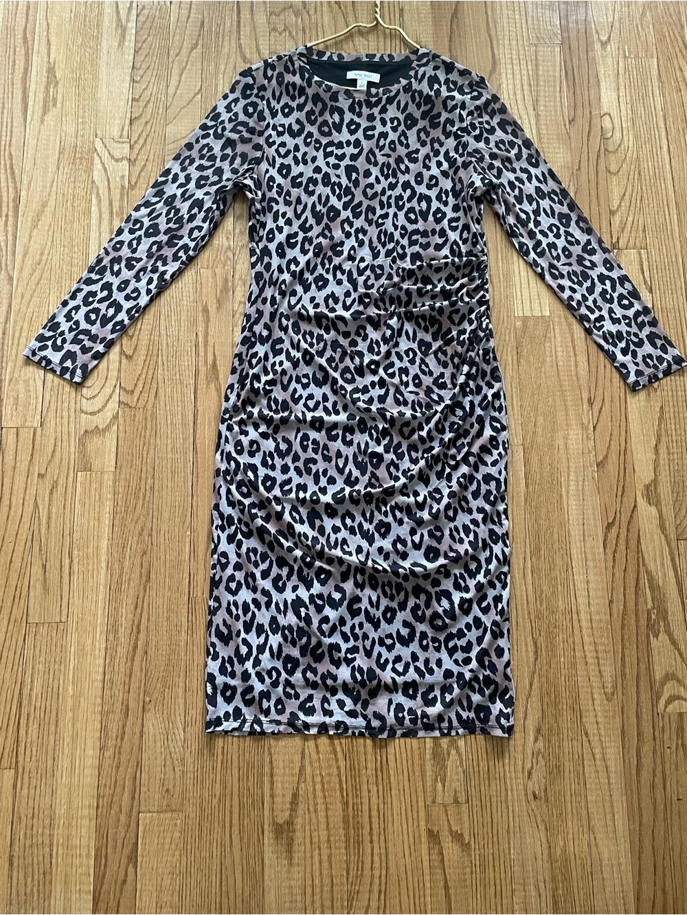 Nine West Beige and Black Leopard Print Long Sleeve Bodycon Dress